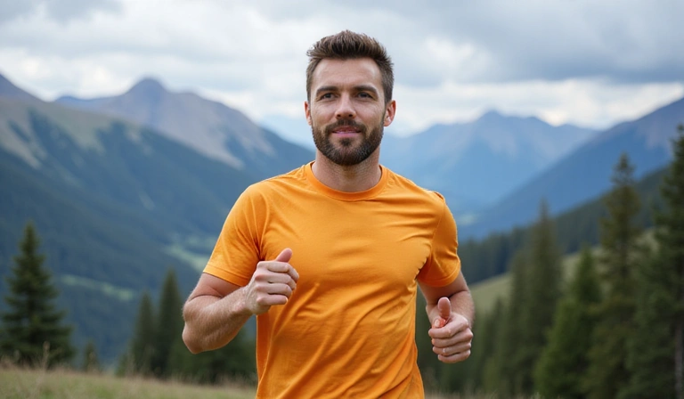 Hombre joven haciendo ejercicio al aire libre con un paisaje natural de fondo.