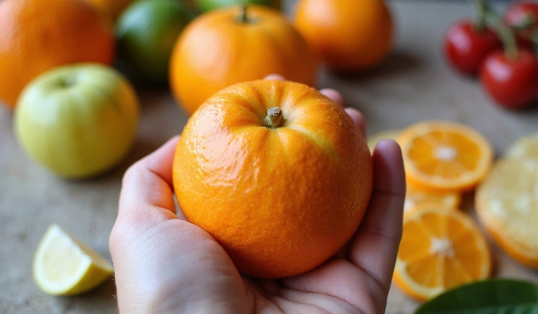 Mano sosteniendo una fruta fresca con un fondo borroso de otros alimentos saludables.