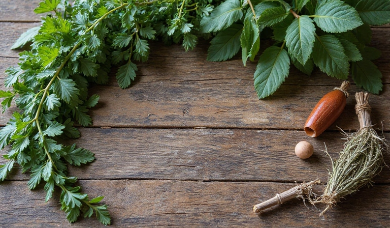Plantas y hierbas medicinales dispuestas artísticamente en una mesa de madera.