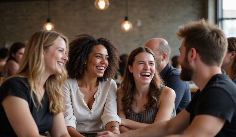 Un grupo de amigos riendo y compartiendo en un ambiente social, simbolizando conexiones significativas.