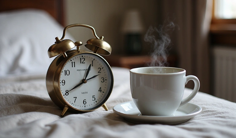 Un reloj despertador y una taza de café en una mesita de noche, sugiriendo rutinas matutinas.