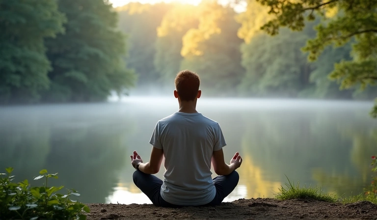 Un hombre meditando en una postura serena con un fondo tranquilo y natural.