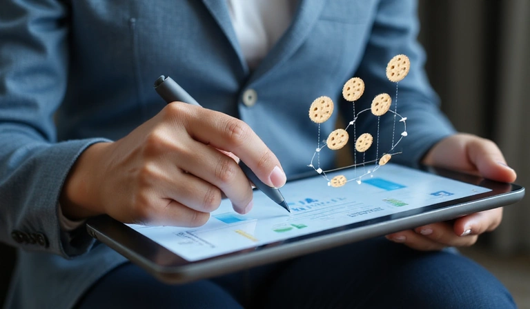 Ilustración de un usuario navegando por una tienda online con varios iconos de cookies flotando alrededor, mostrando cómo las cookies mejoran la experiencia de compra.