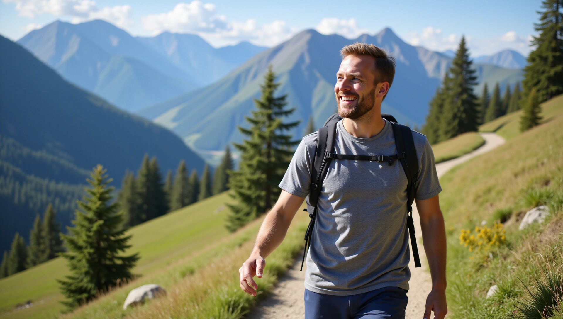 Hombre feliz y saludable practicando senderismo en la naturaleza
