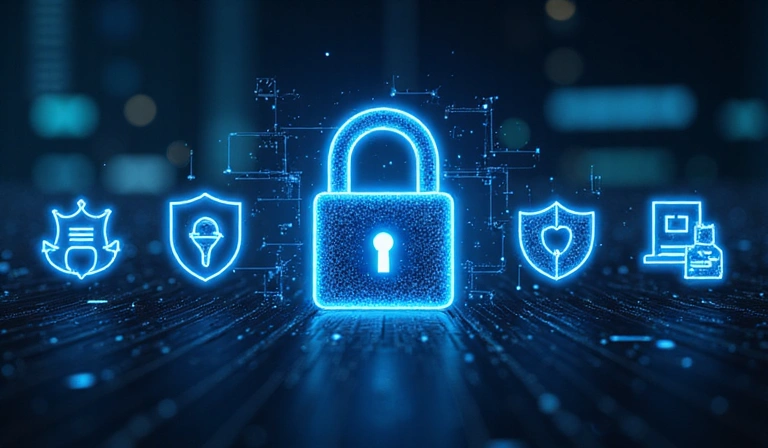 Seguridad de datos en línea, candado digital y escudos protectores