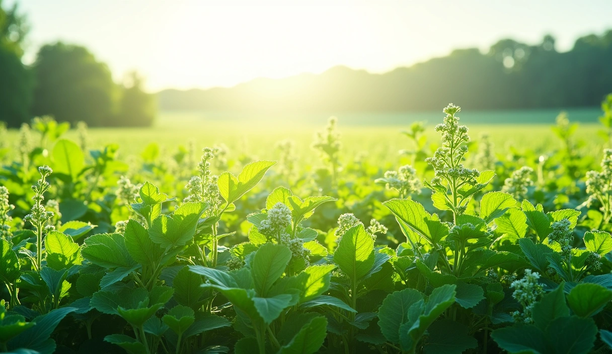 Campo verde exuberante con hierbas medicinales creciendo bajo el sol
