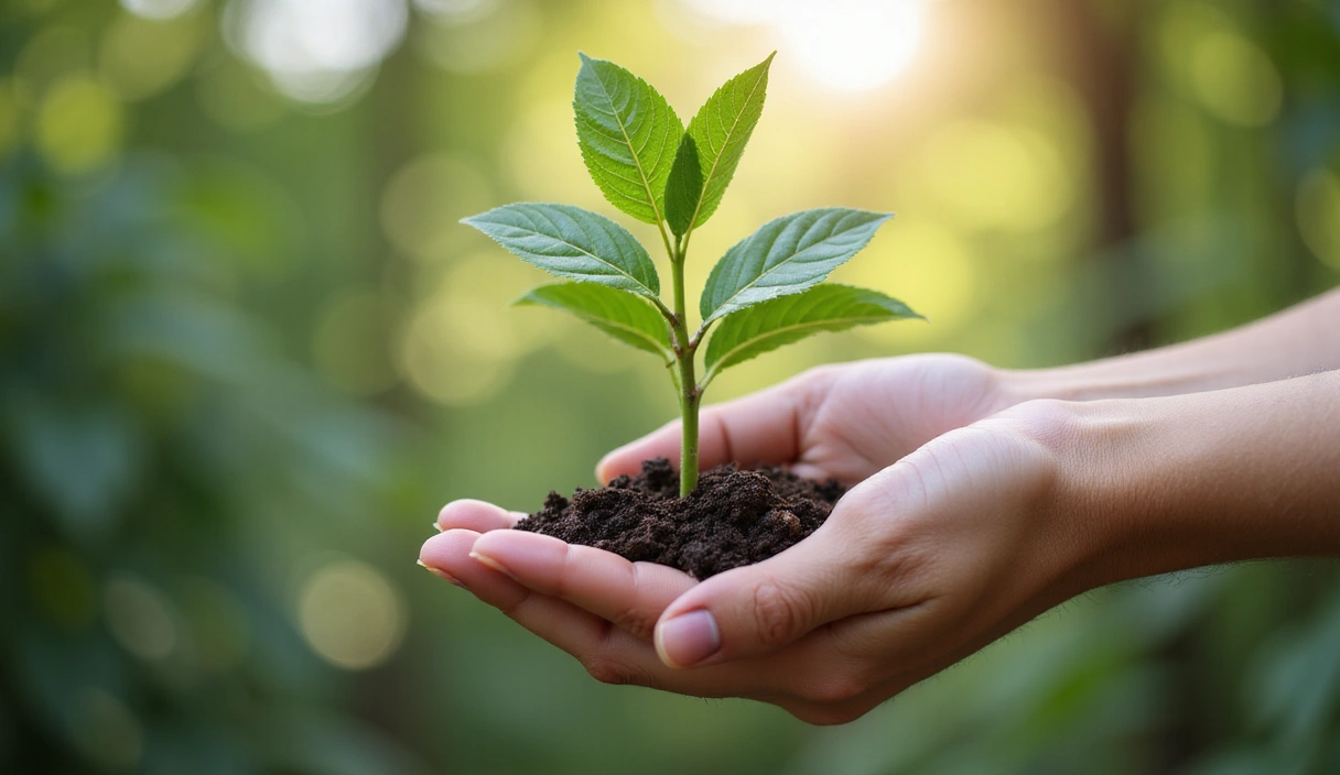 Mano sosteniendo una planta joven, simbolizando el crecimiento y la sostenibilidad.